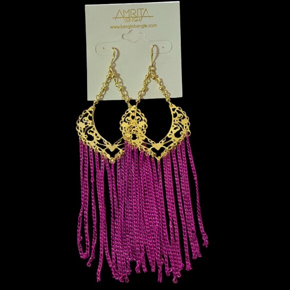 Amrita Singh Women's Gold Plated Pink Long Hook Chain Earrings NWT - Picture 3 of 5